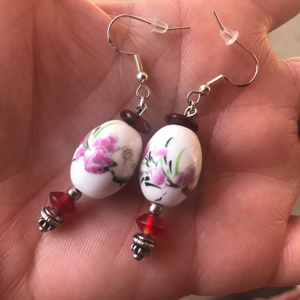 Floral Ceramic Earrings with Red Accents